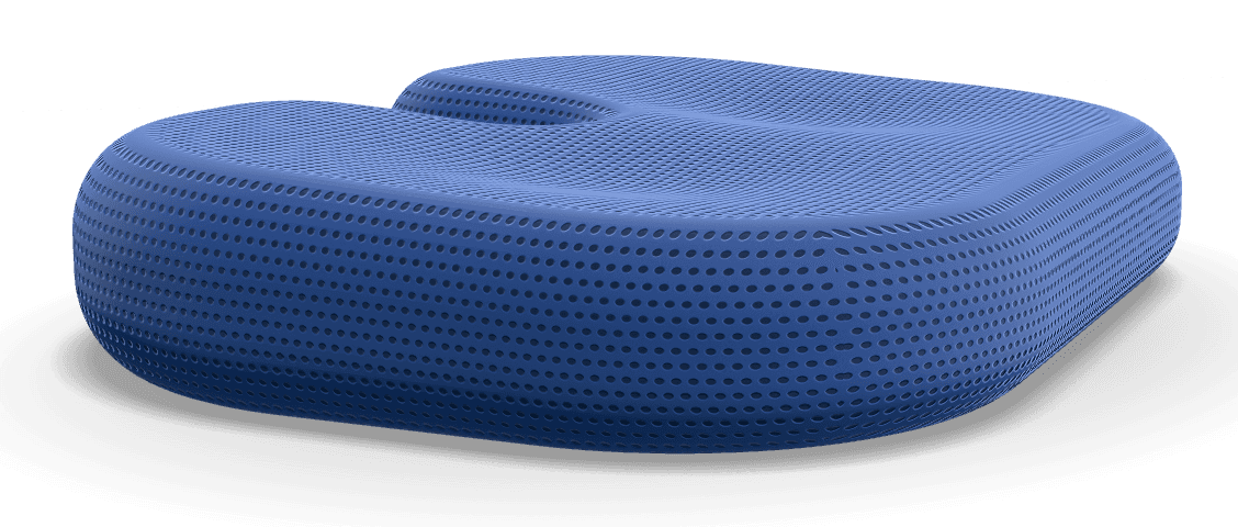 Blue cushion from the side, showing the contoured shape