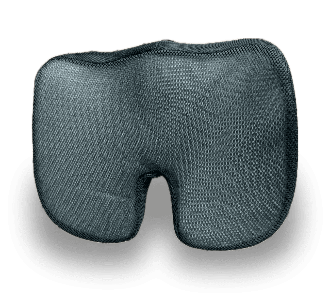 The Restform memory foam seat cushion in black, photographed from the front with its U-shaped tailbone cutout